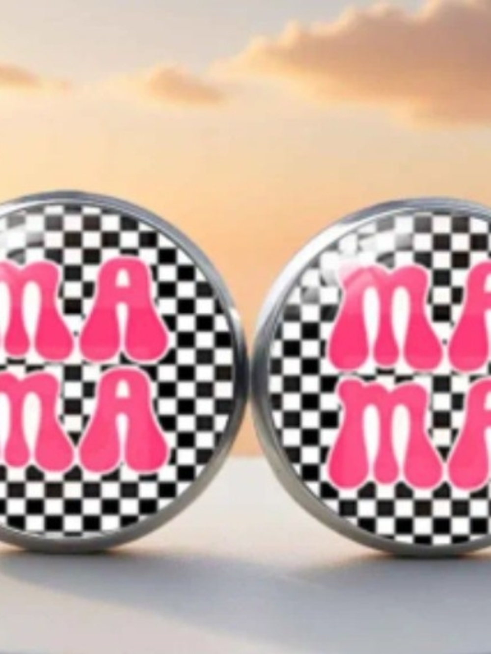 Pink 'Mama' Checkerboard Kids Stud Earrings